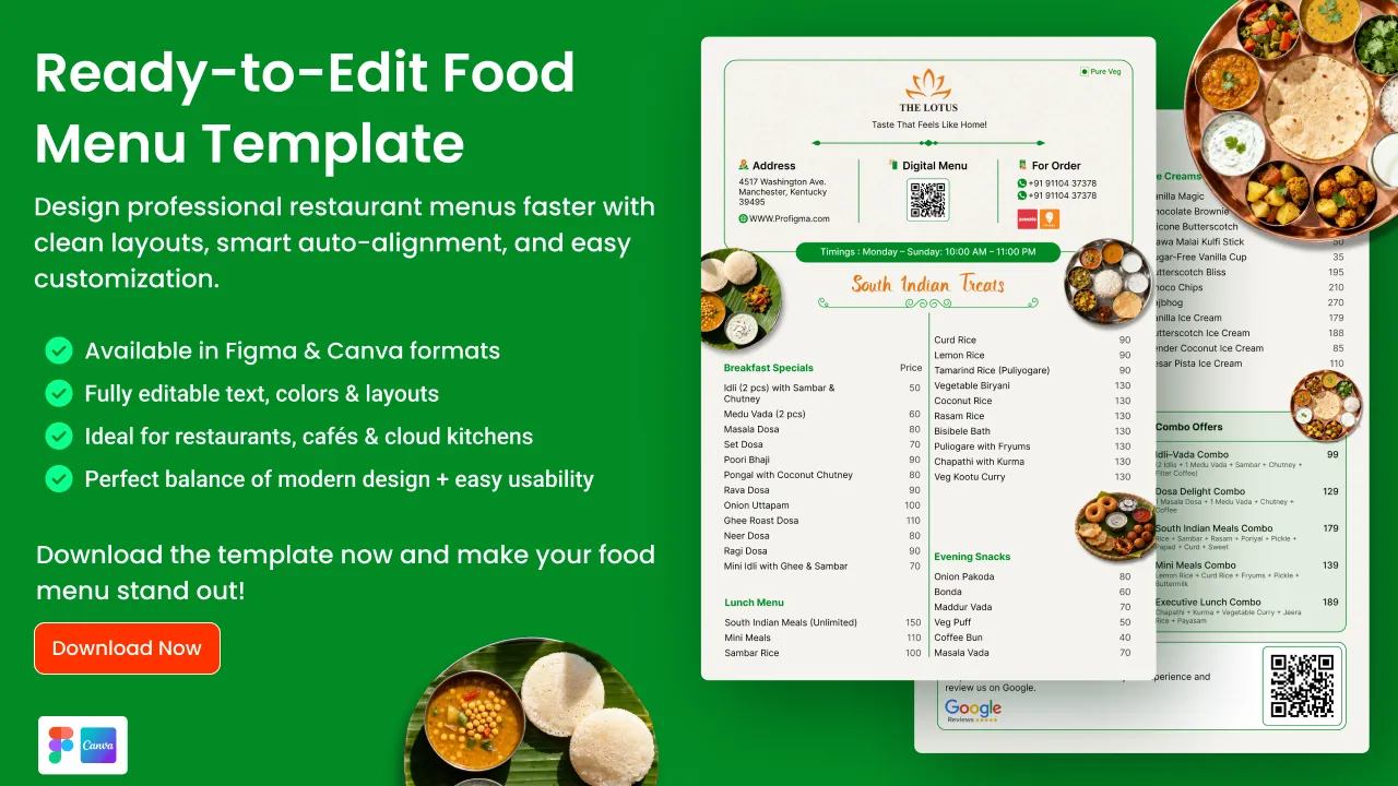 Food menu design template for Figma and Canva showing a South Indian restaurant menu with sections, prices and QR codes