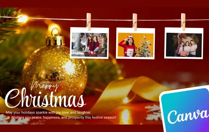 Family Christmas wish Canva template with three family photos hanging on a clothesline above a Merry Christmas message