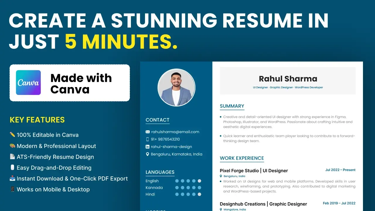 Free Canva resume template with a blue sidebar, profile photo, contact details, summary and work experience sections