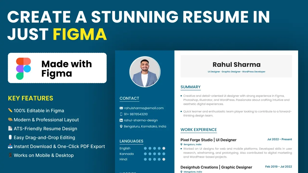 Free Figma resume template with a blue sidebar, profile photo, contact details, summary and work experience sections