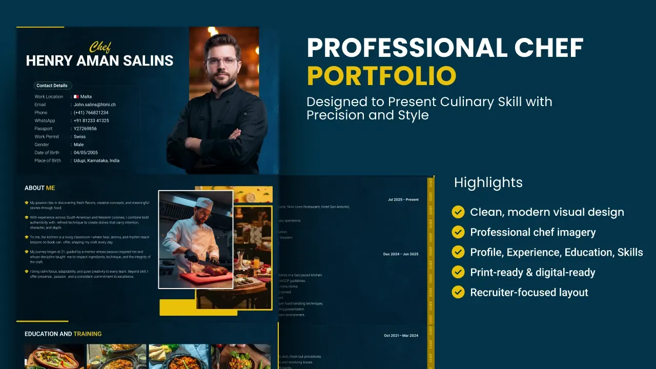 Personal chef portfolio template preview 3 of 4 with food photography layout