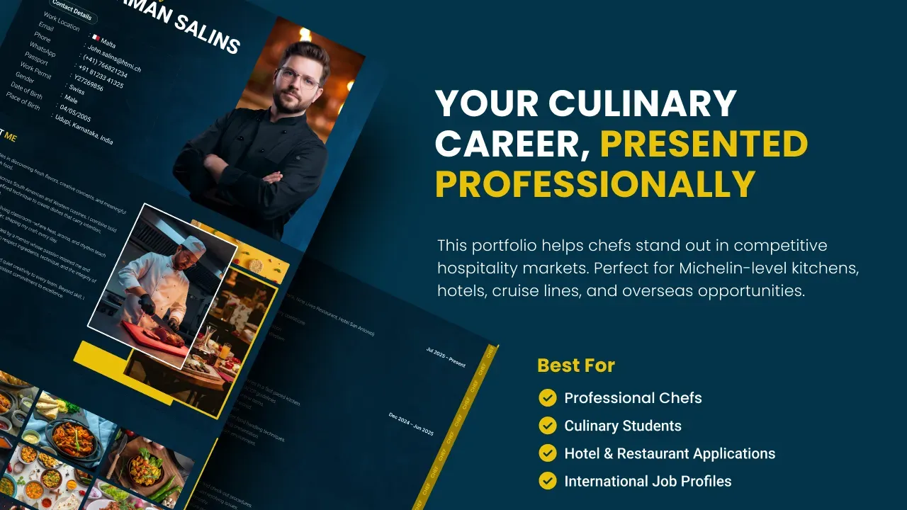 Personal chef portfolio template in Figma with a navy and gold layout, profile photo and dish photography pages
