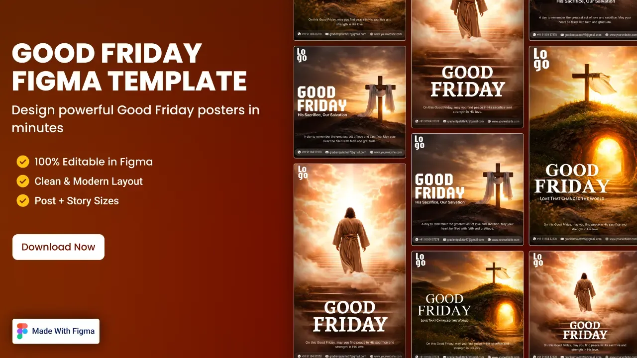 Good Friday Figma template bundle with six poster designs showing a cross at sunset, an empty tomb and Jesus on a staircase in post and story sizes