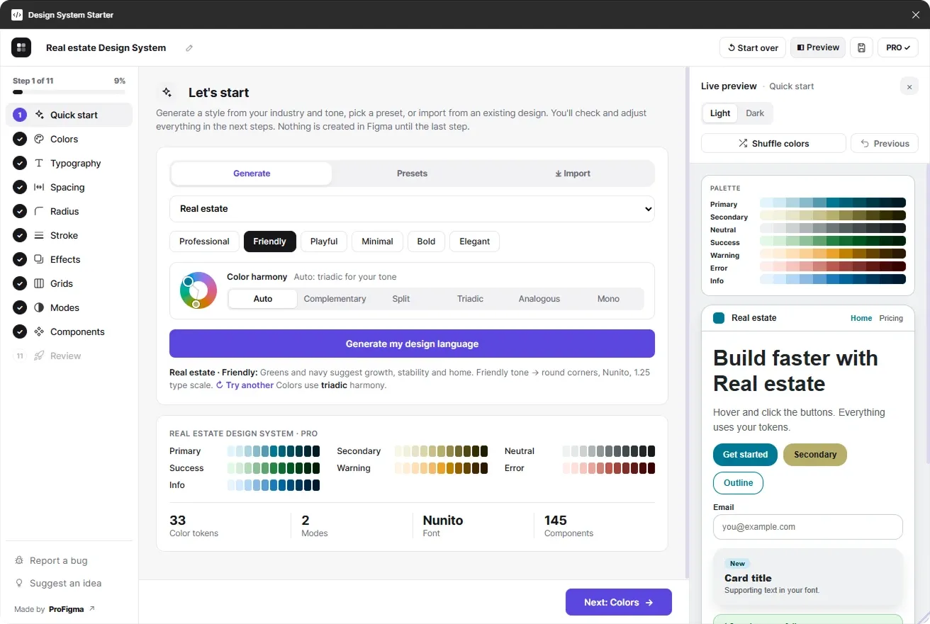 Figma design system generator plugin start screen: pick an industry and tone, choose a color harmony and generate a full design language