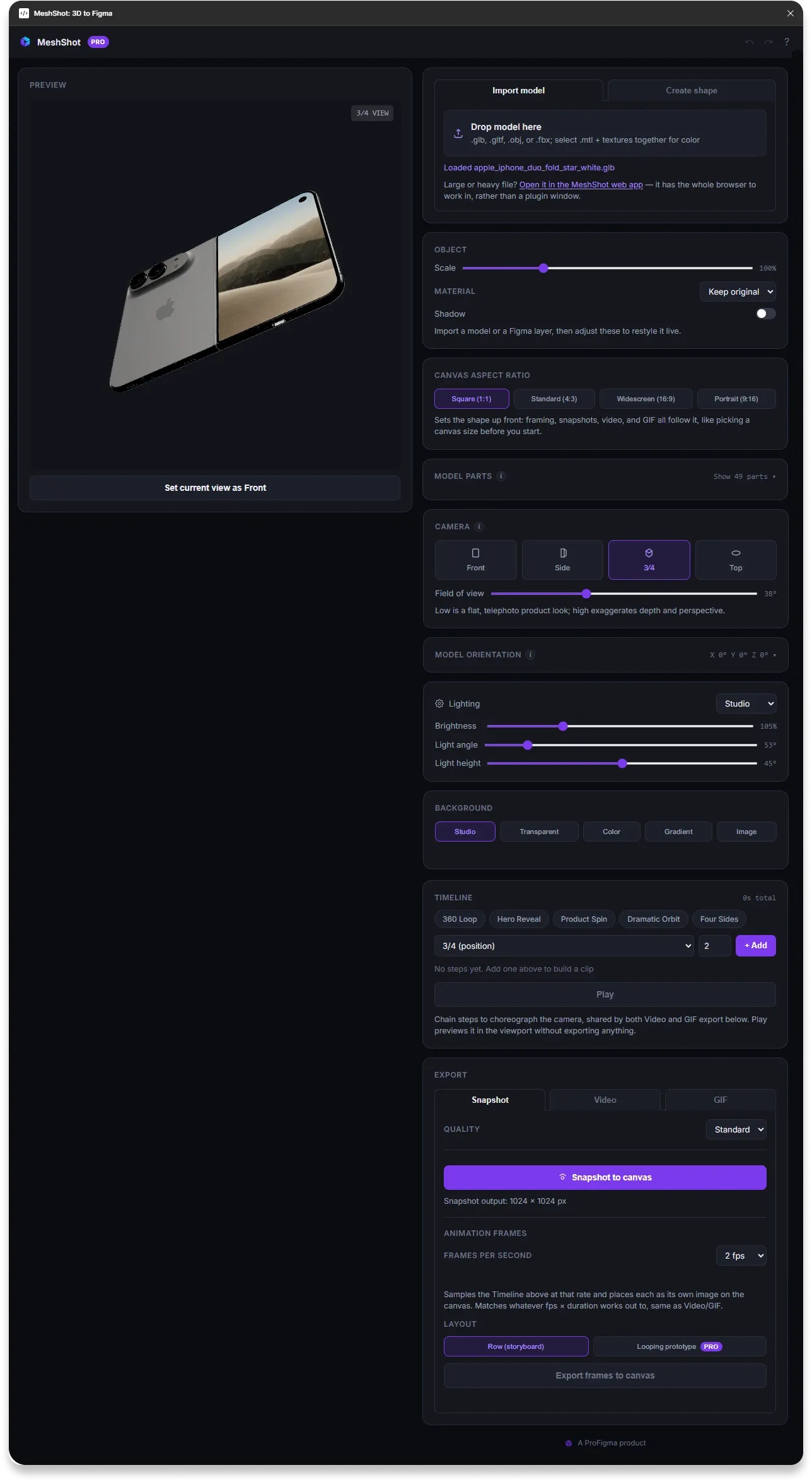 Full MeshShot plugin panel showing every 3D product animation feature from import to export