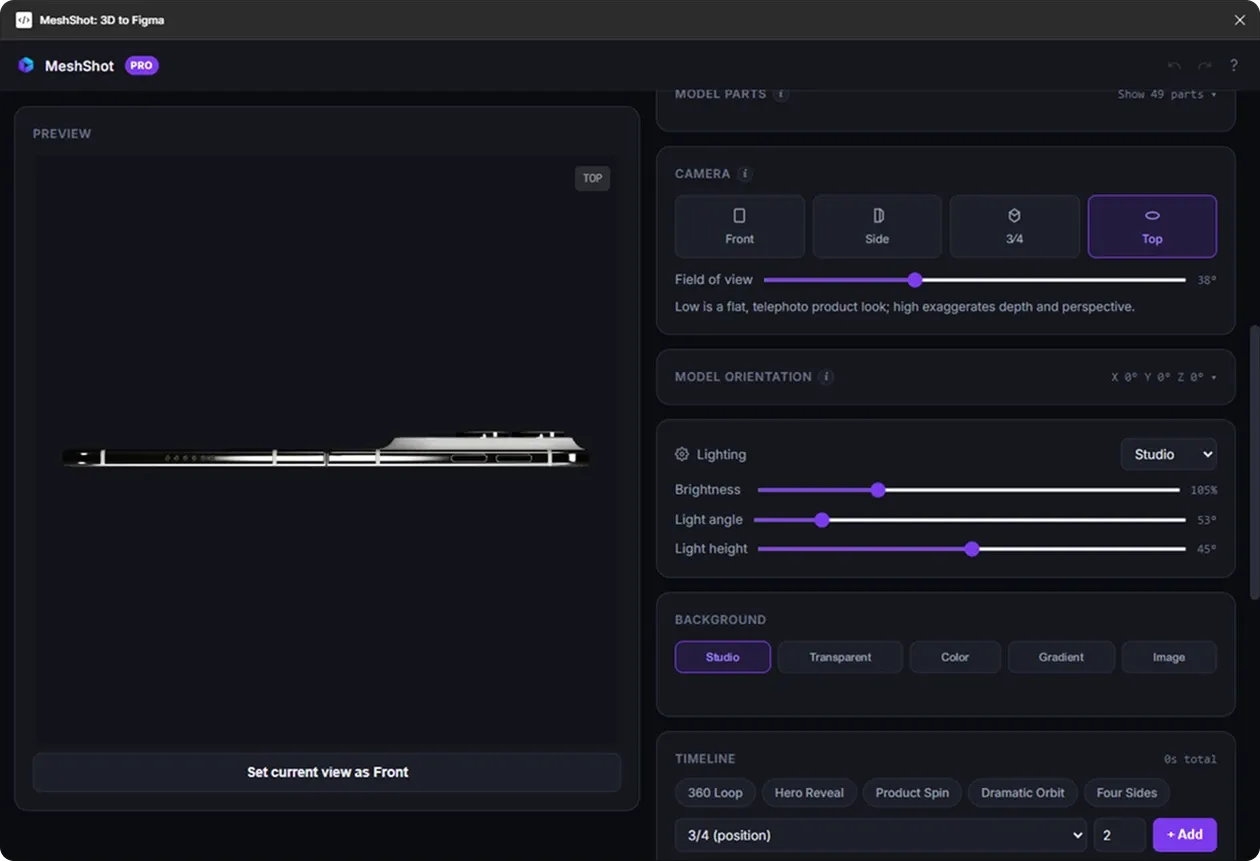 Same 3D device model viewed from the top camera preset in the MeshShot Figma plugin