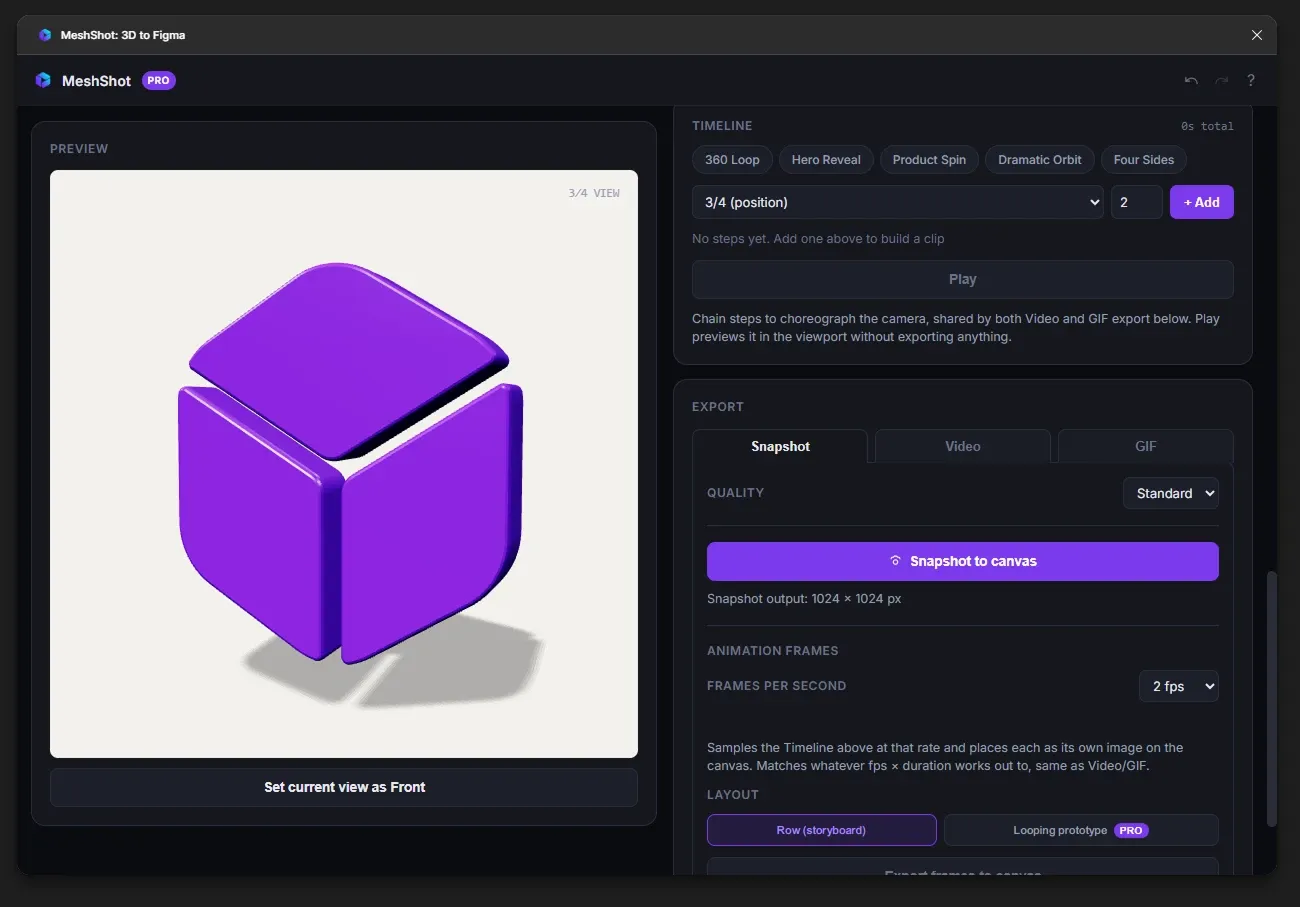 Purple 3D logo made from a Figma layer in MeshShot with snapshot, video and GIF export options