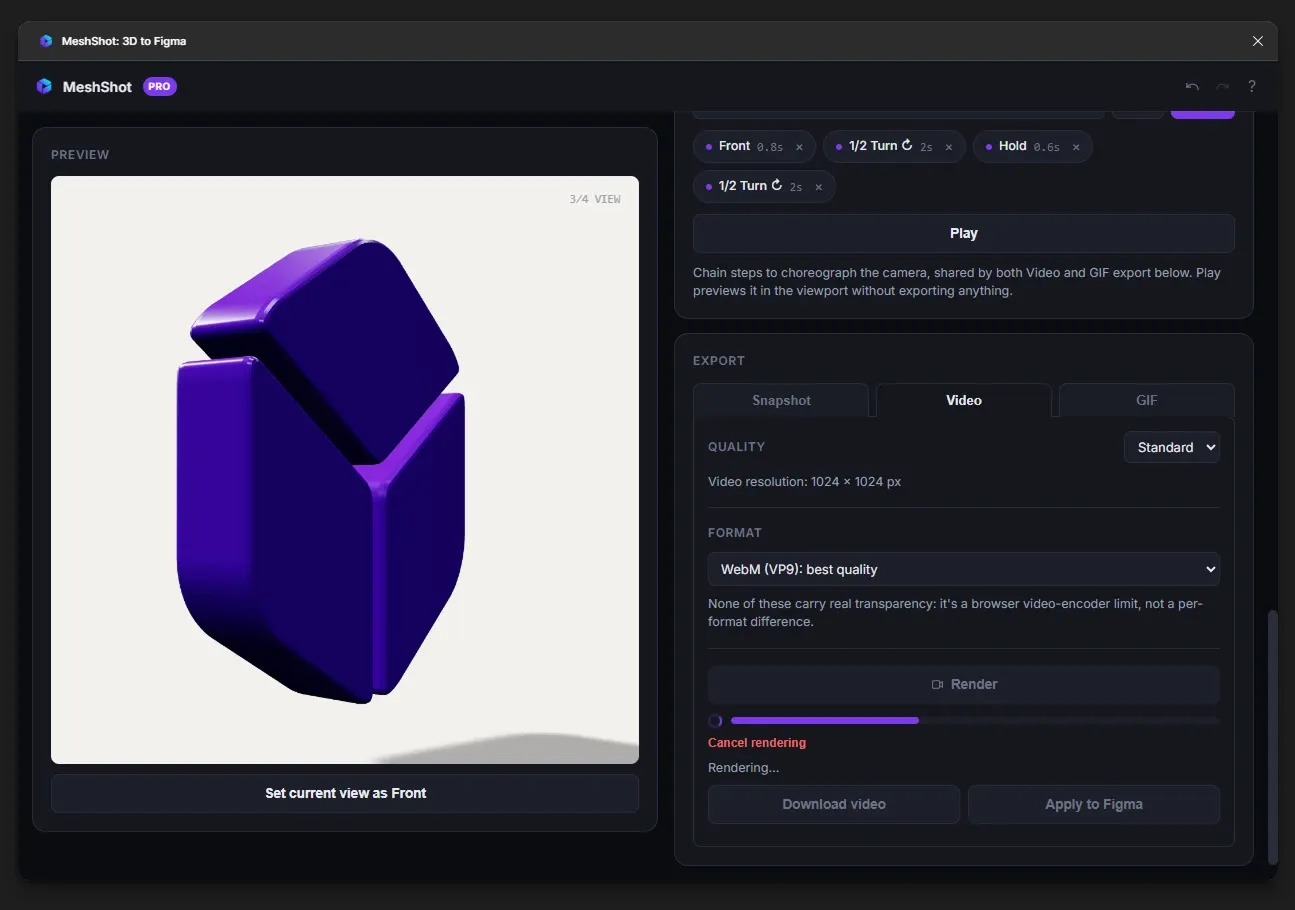 MeshShot rendering a WebM video of a 3D logo animation with a camera timeline in Figma