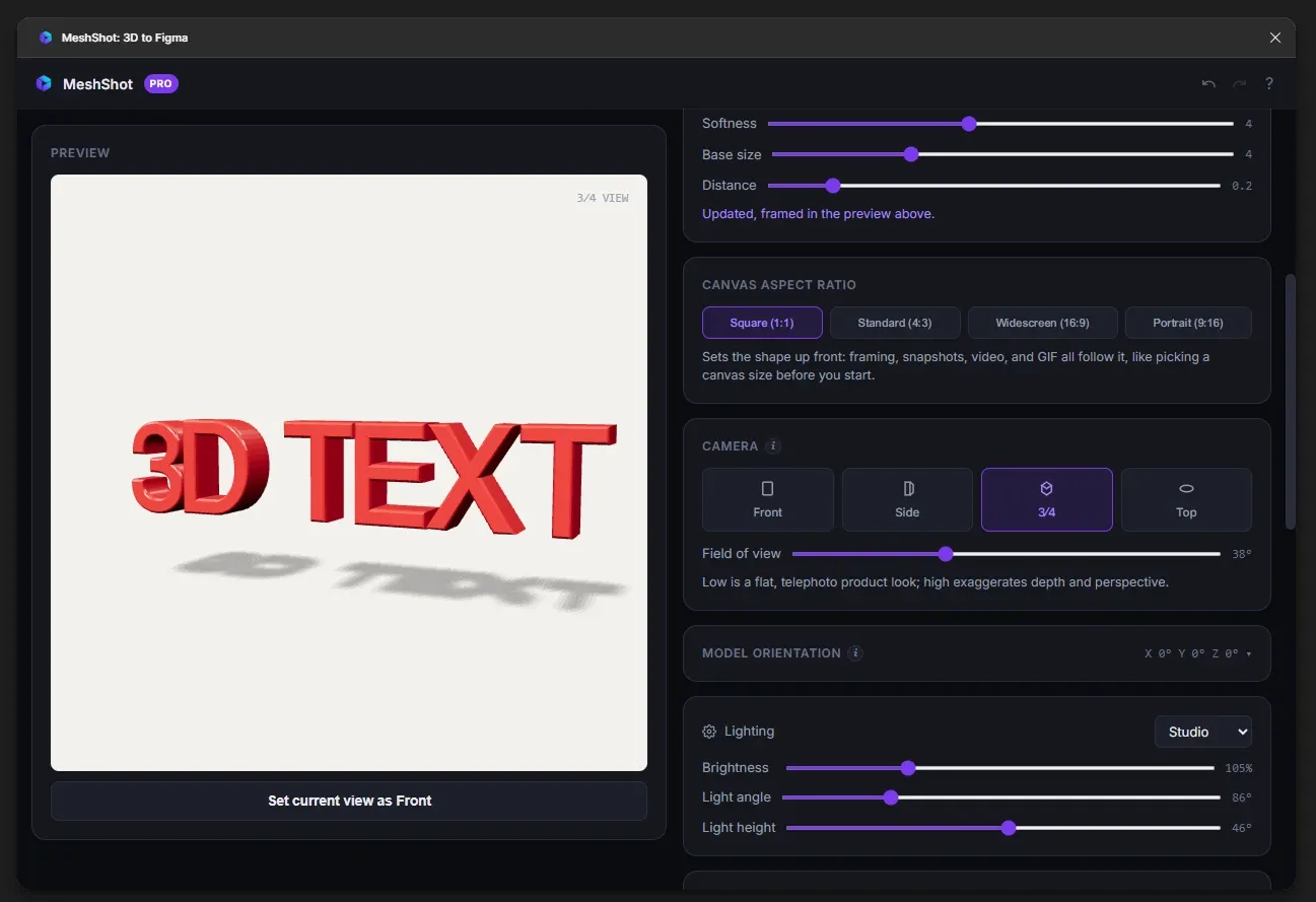 Red 3D text with soft shadow created in the MeshShot Figma plugin with camera and lighting controls