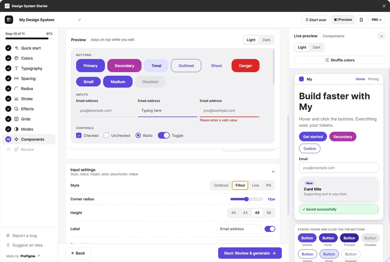 Components step previewing buttons, inputs and controls with settings for style, radius and height
