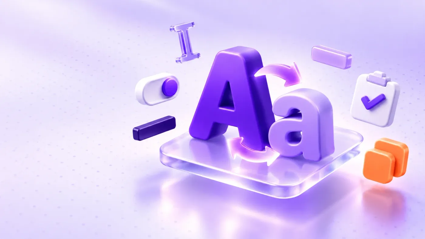 Case converter illustration: glossy 3D uppercase and lowercase letter blocks transforming with floating text icons