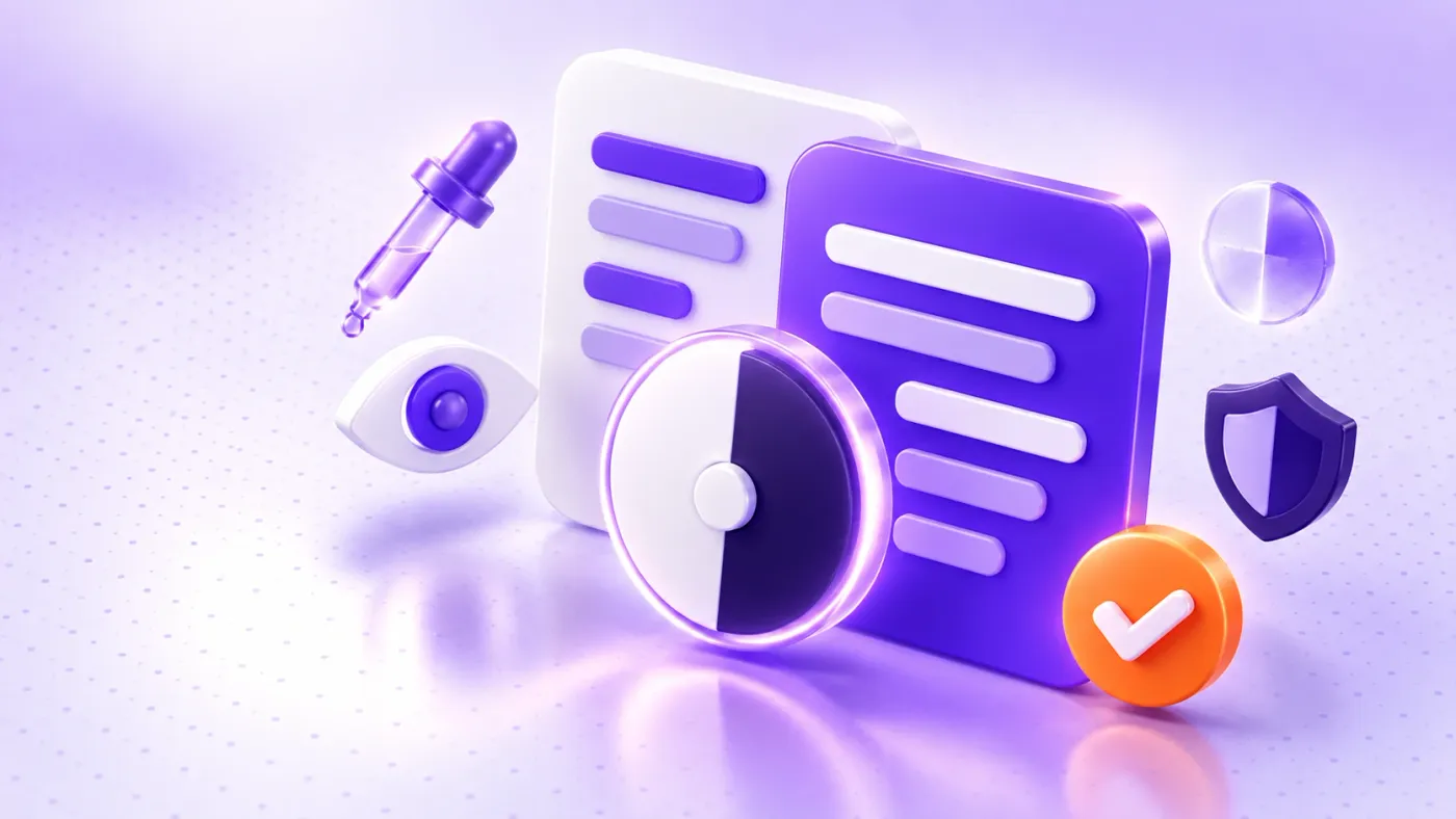 Color contrast checker illustration: 3D light and dark colour cards with a glowing contrast dial and pass check mark