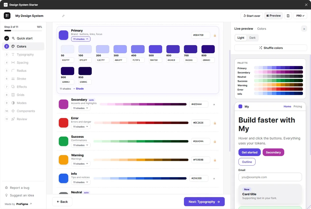 Colors step showing primary, secondary, error, success, warning and info palettes with editable 50 to 950 shades