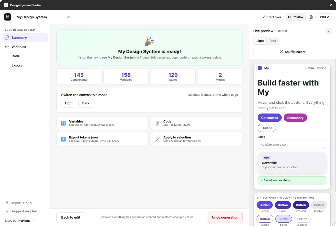 Result screen showing 145 components, 158 variables, 129 styles and 2 modes created in Figma