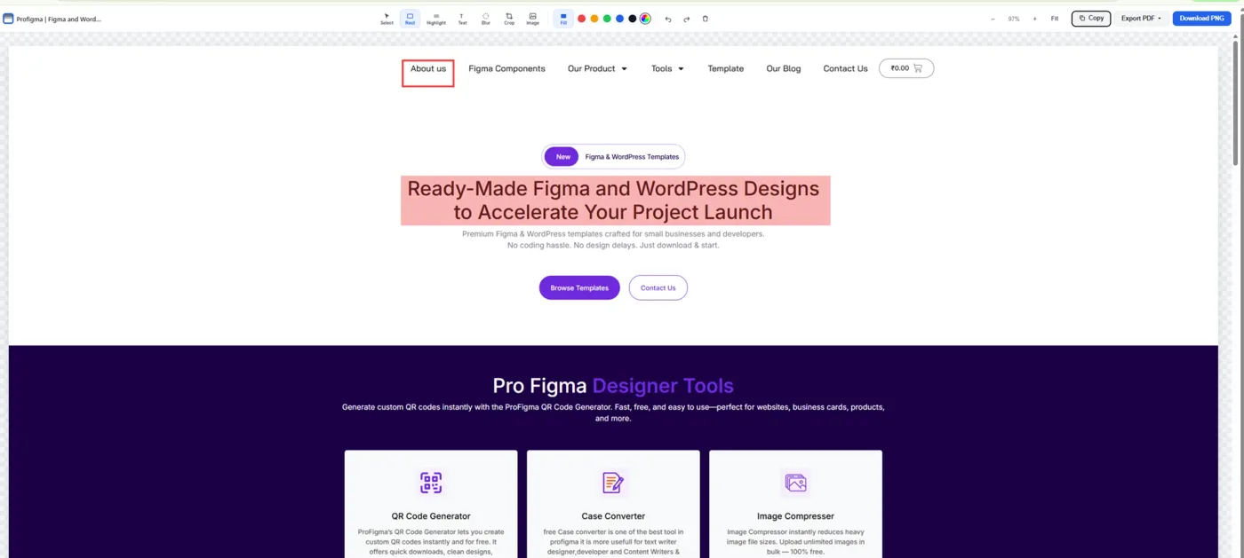 The FullPageScreenshot editor with a rectangle and highlight annotation applied to a captured webpage