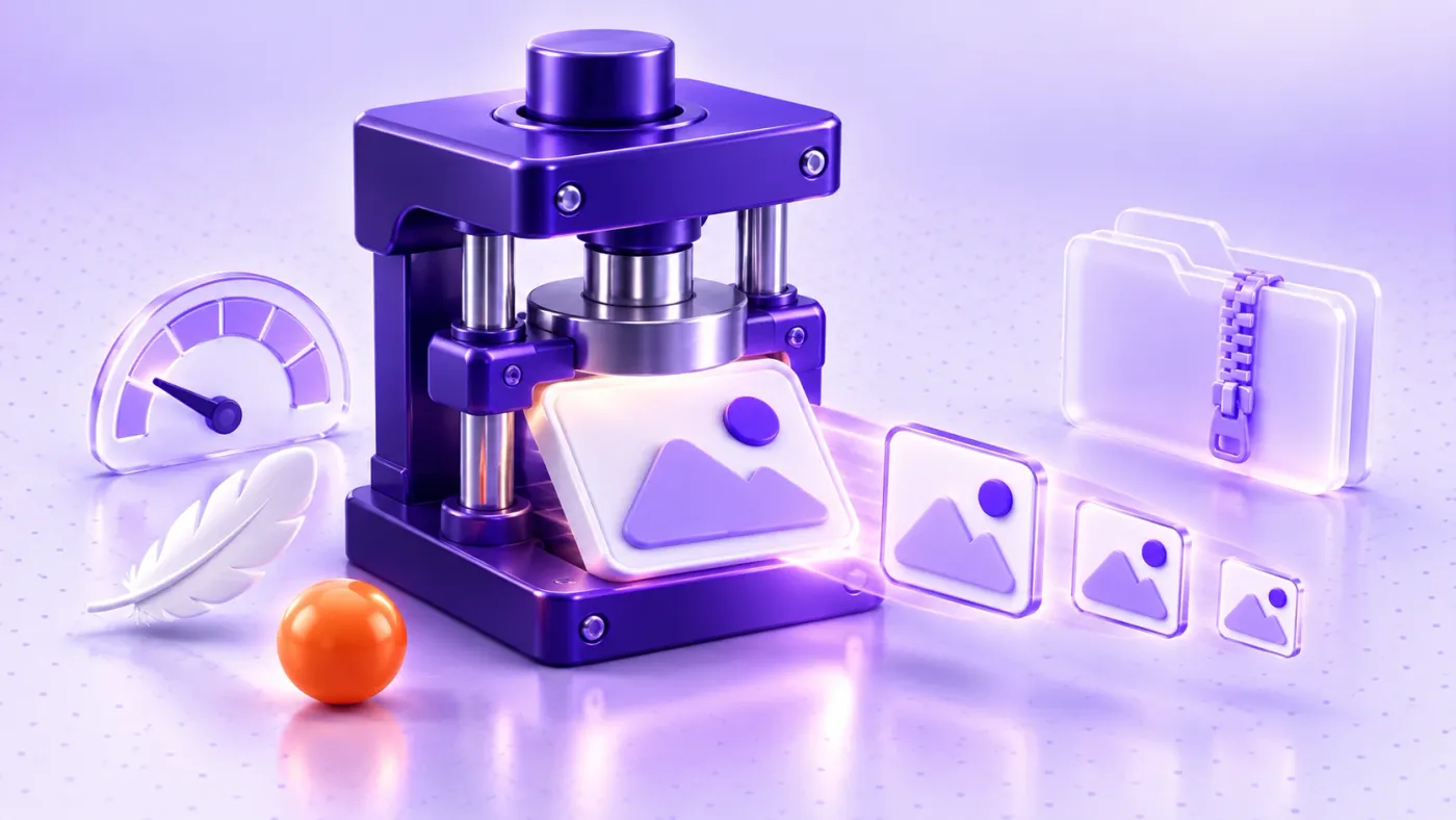 Online image compressor illustration: a glowing purple 3D press squeezing a large photo card into a small, light image file