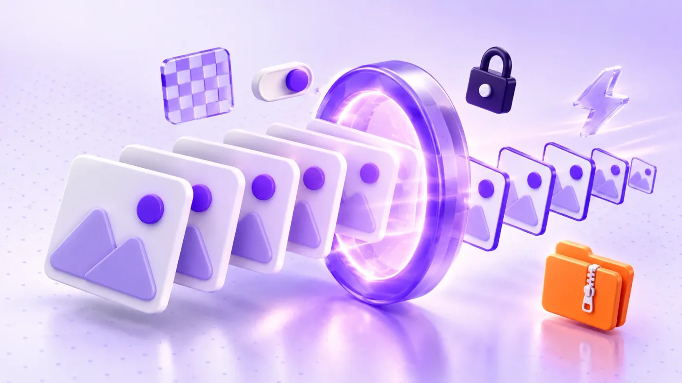 PNG to JPG converter illustration: stack of 3D image cards turning into JPG and WebP files through a glowing purple portal