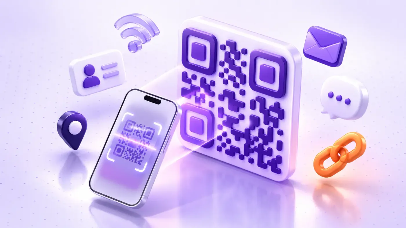 QR code generator illustration: 3D purple QR code scanned by a smartphone with Wi-Fi, contact and link icons