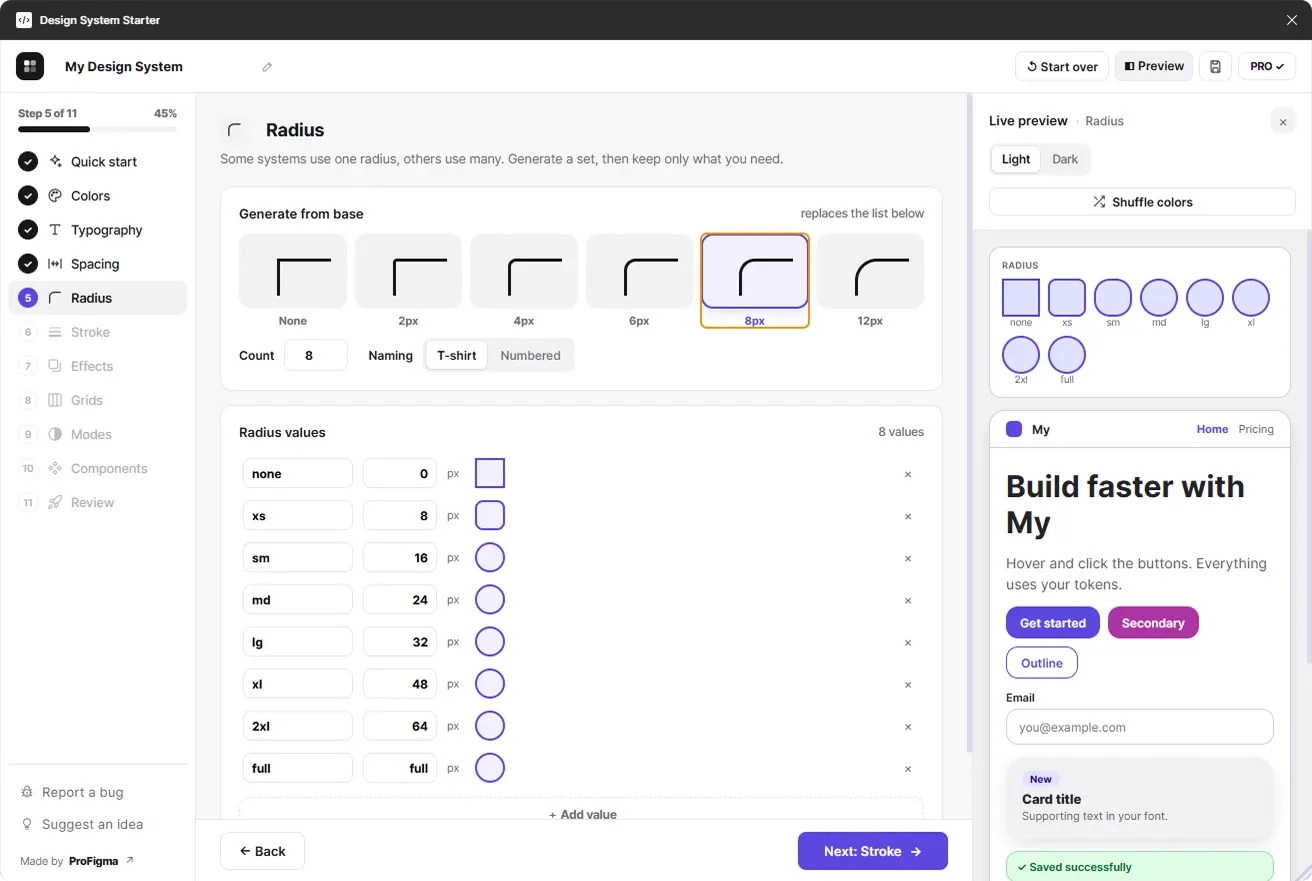 Radius step creating corner radius tokens from none to full with a live preview
