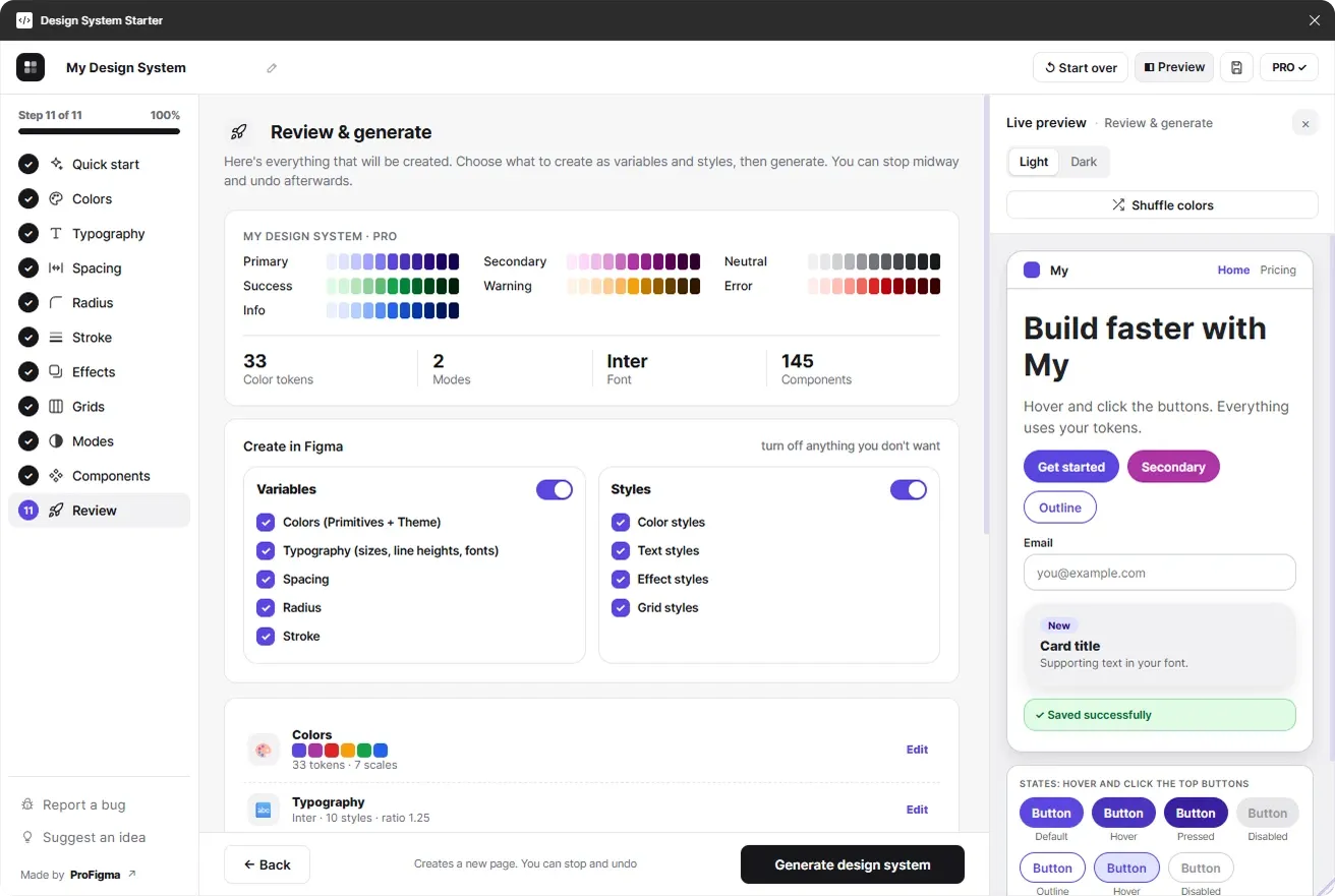 Review and generate step summarizing color tokens, modes, font and components before creating them in Figma