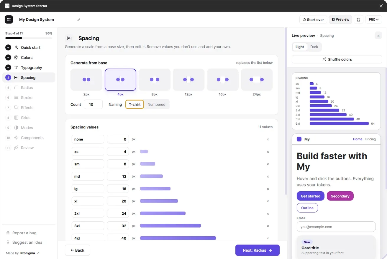Spacing step generating a 4px based spacing scale from xs to 6xl with editable values