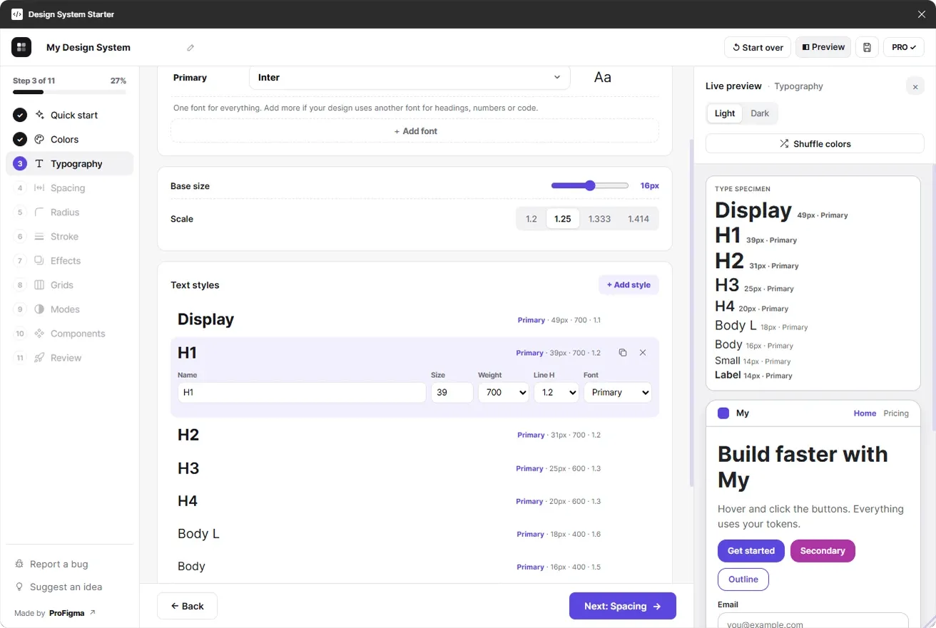 Typography step with font picker, base size, type scale and editable text styles from Display to Label