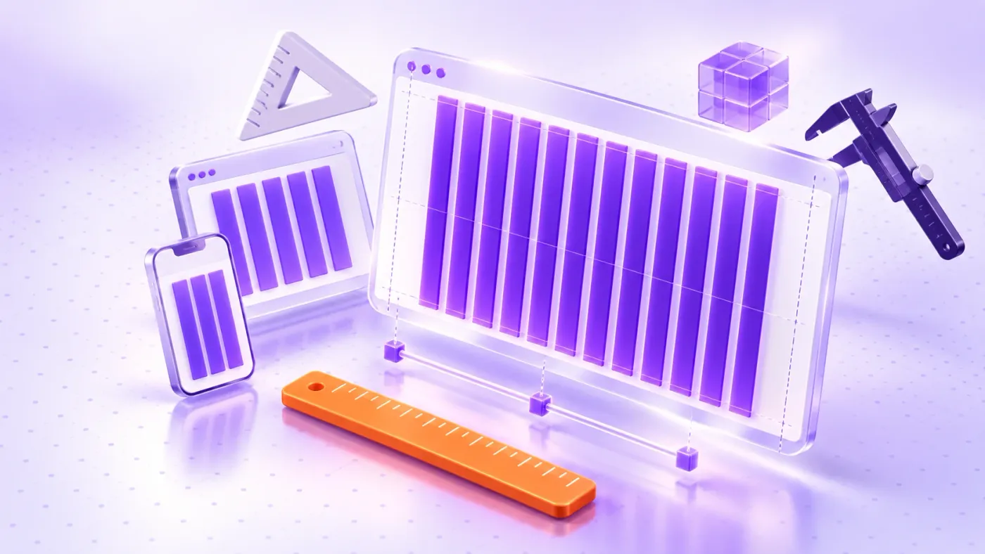 UI grid maker illustration: 3D layout board with purple columns, gutters and margins on desktop, tablet and phone screens