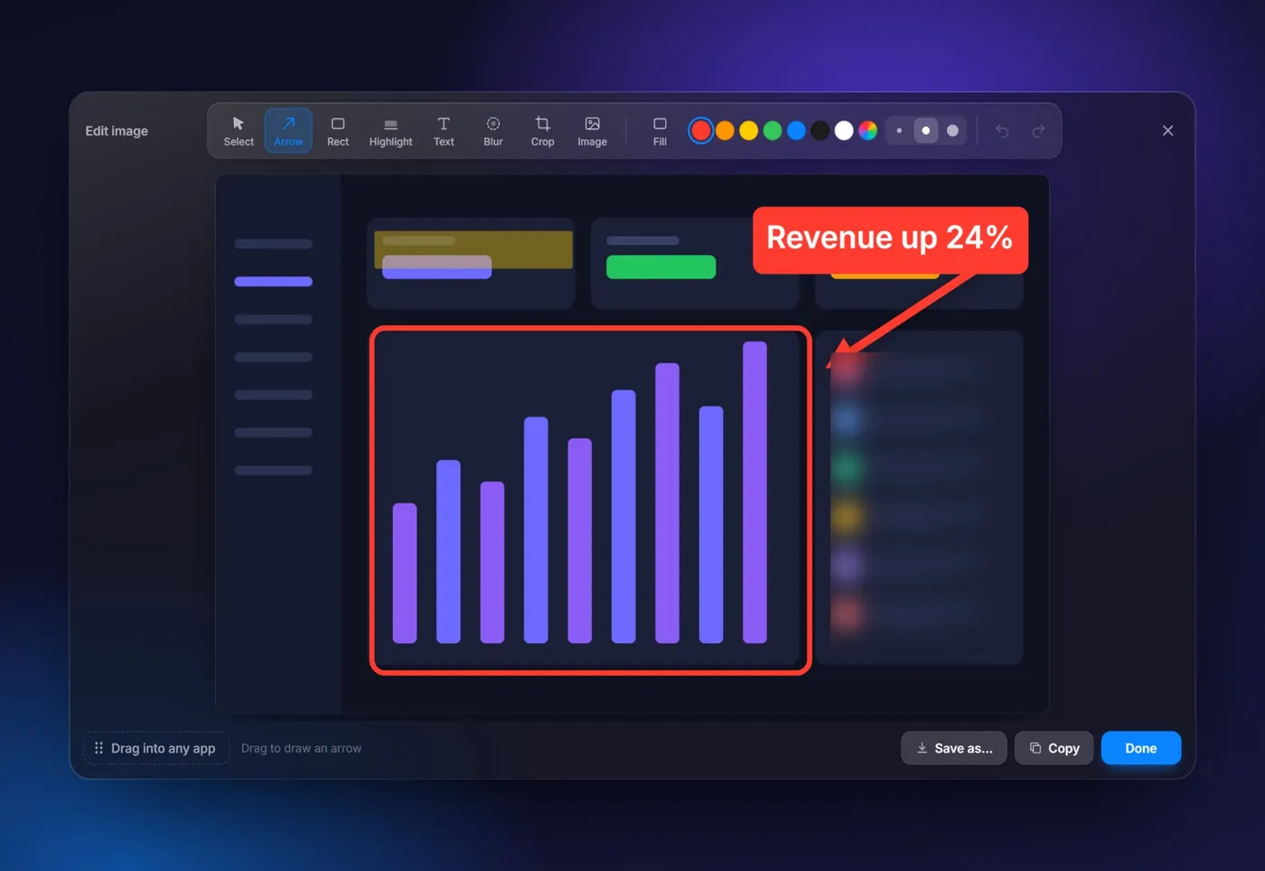ClipDock screenshot tool for Windows with an editor showing arrow, box, highlight and blur on a dashboard