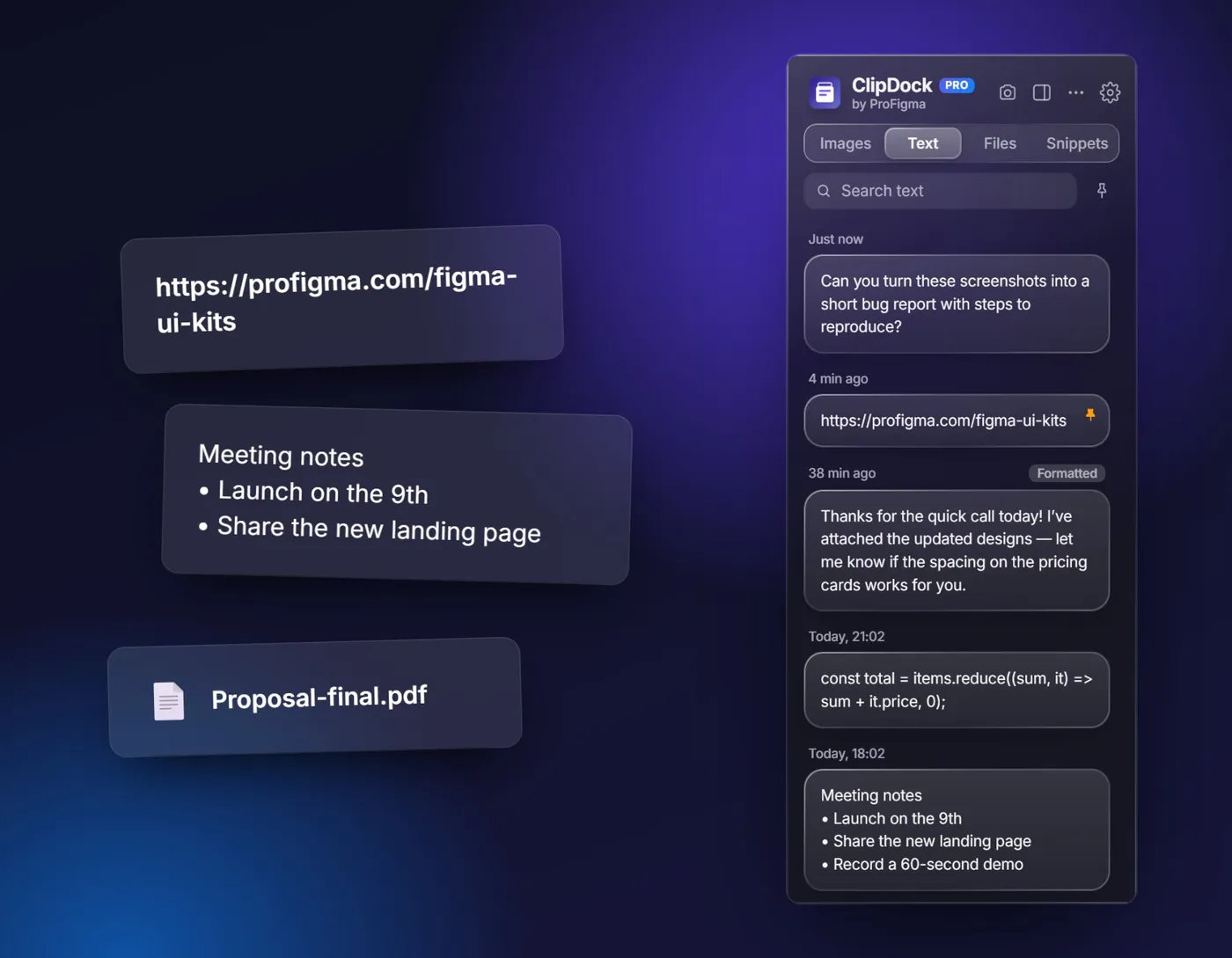 Clipboard history for text, links and files in the ClipDock clipboard manager for Windows