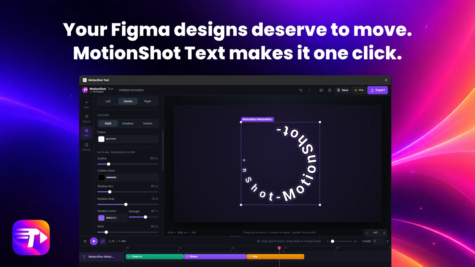 Text on a circle with outline, shadow and glow controls in MotionShot Text