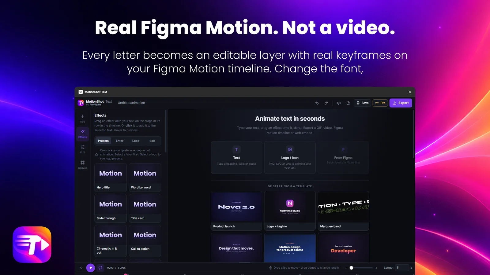 MotionShot Text exports real Figma Motion: every letter becomes an editable layer with keyframes