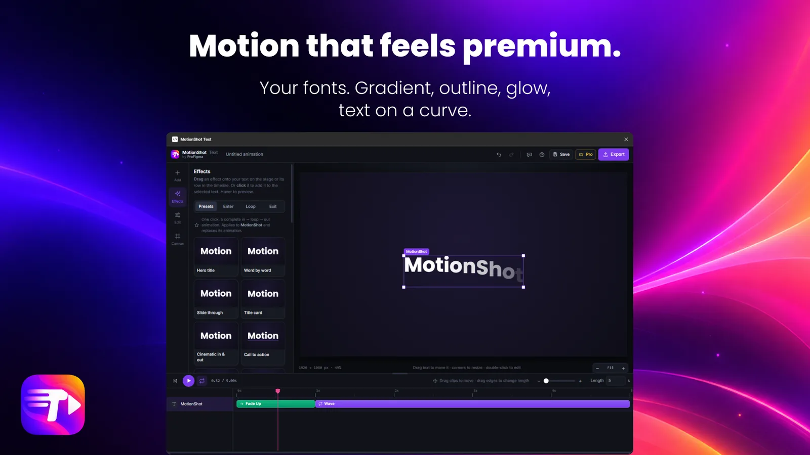 Effects panel with presets and a timeline showing Fade Up and Wave on a text layer in MotionShot Text
