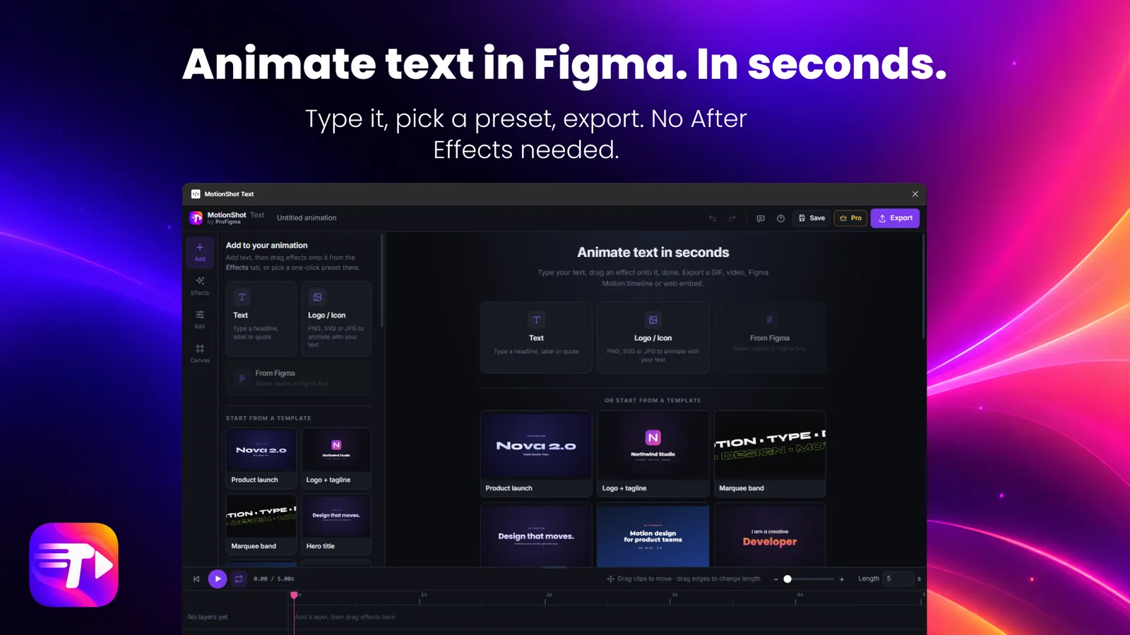 MotionShot Text Figma plugin: type text, add a logo or start from a template such as product launch or logo and tagline