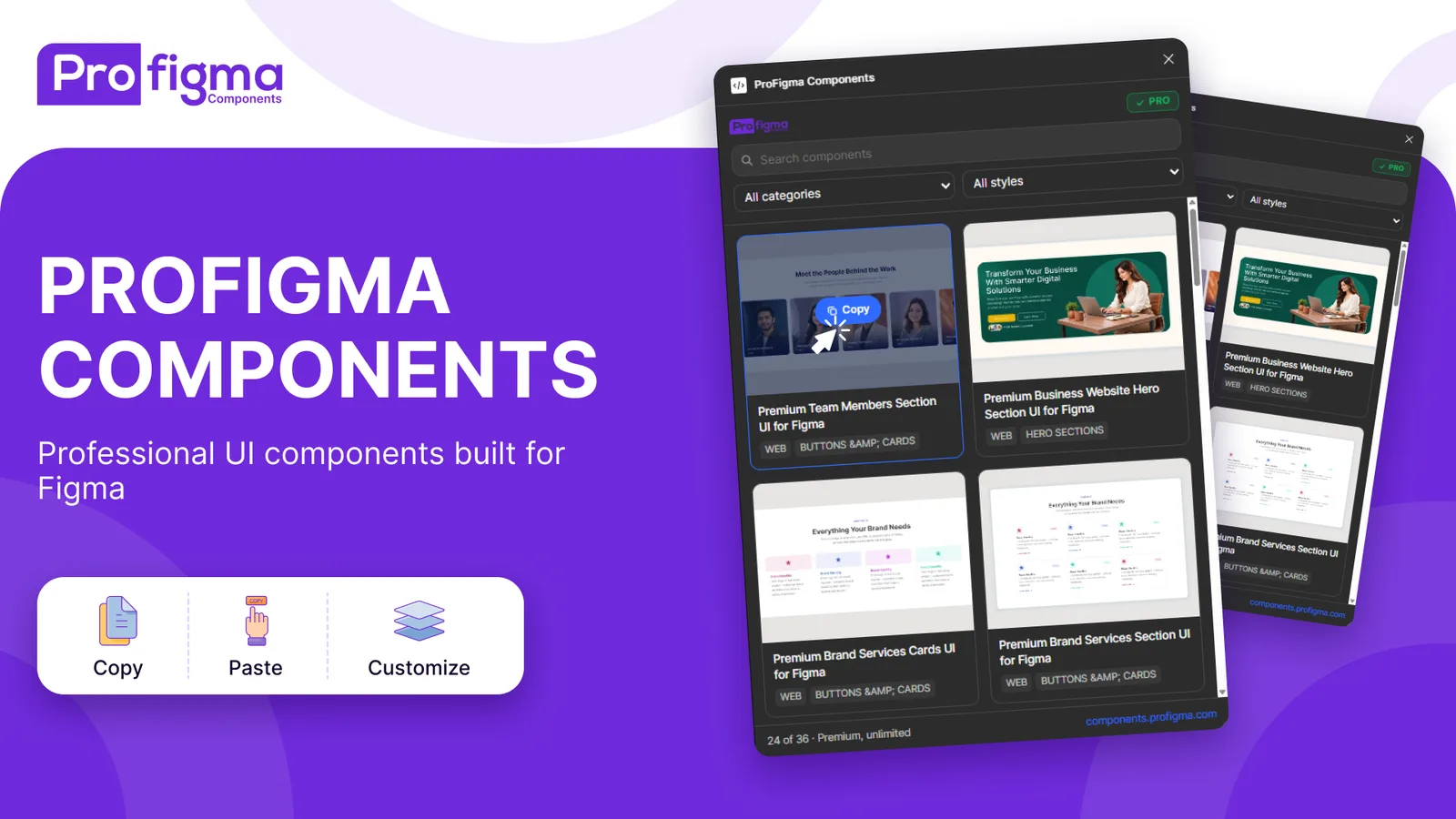 ProFigma Components plugin for Figma: search and filter UI components, with a Copy button on each preview