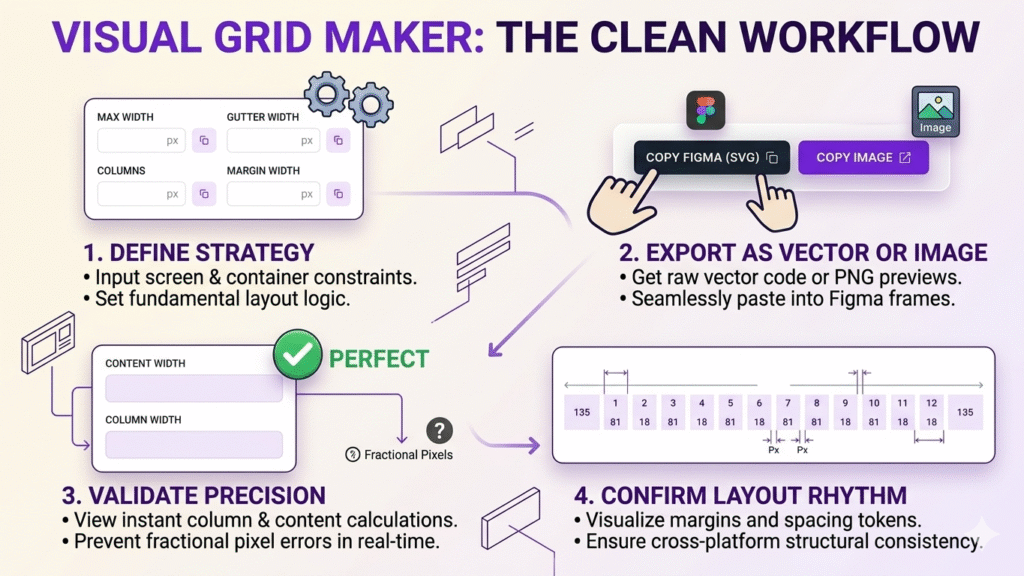 The Grid Maker tool showing column, gutter, and margin settings for responsive UI design.
