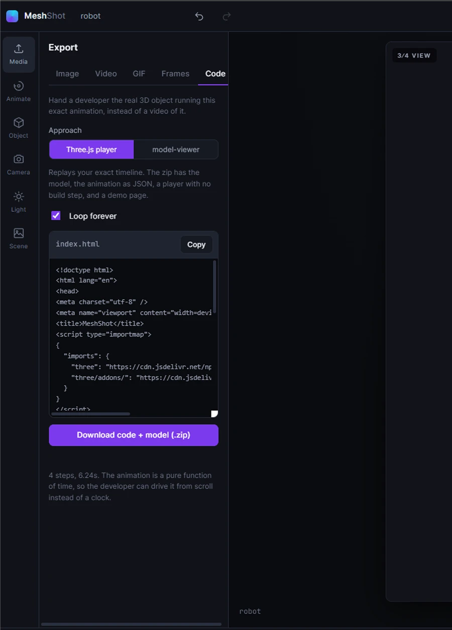 MeshShot 3D product animation code export with Three.js