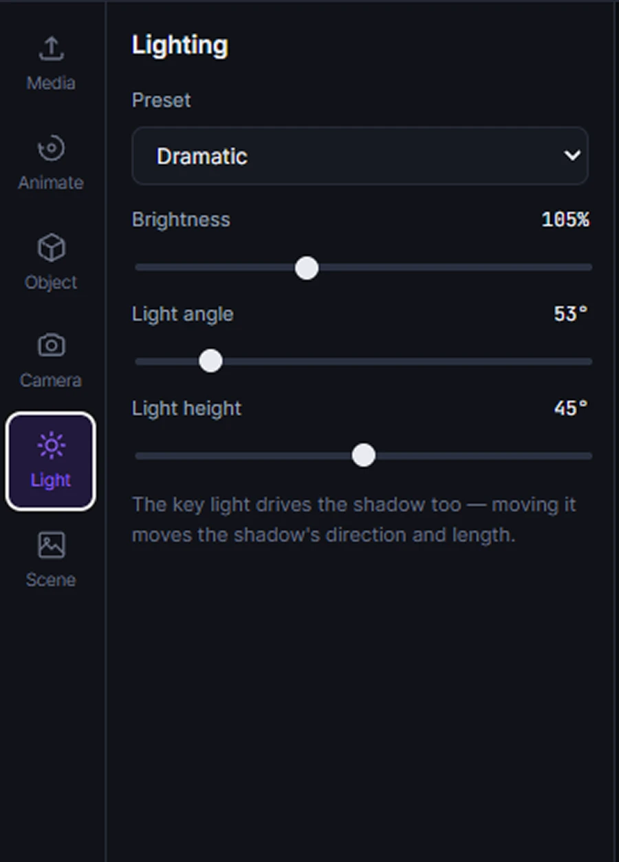 MeshShot 3D product animation lighting controls