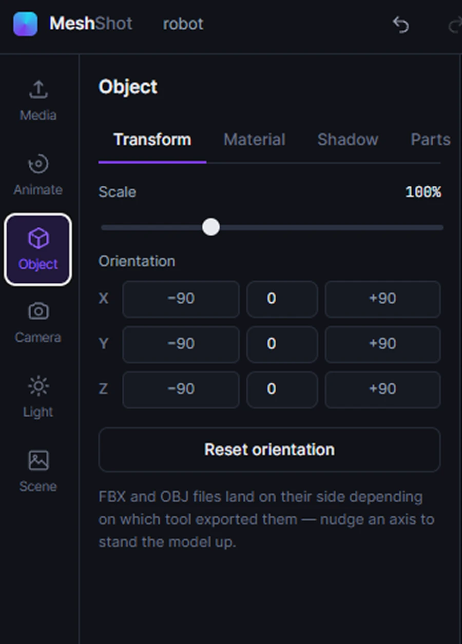 MeshShot 3D product animation object and material controls