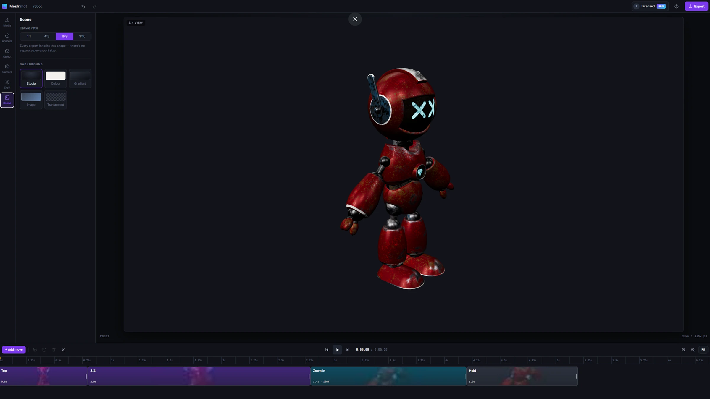 MeshShot 3D animation workspace with camera timeline