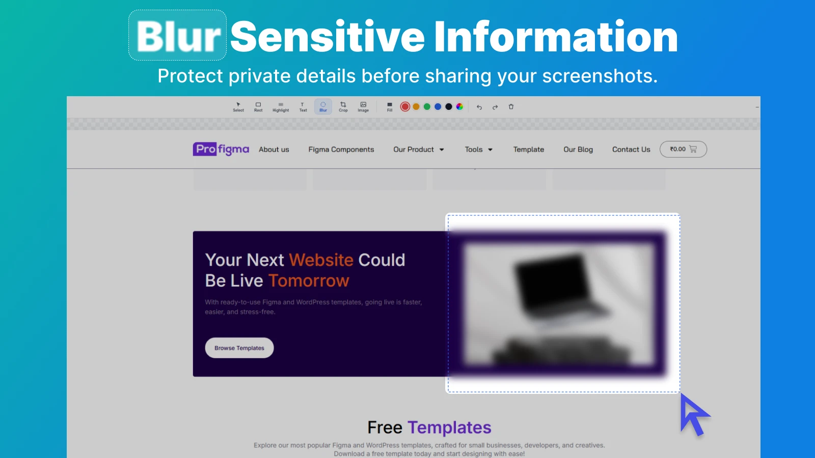 Graphic headed Blur Sensitive Information, showing an area of a screenshot being blurred before sharing