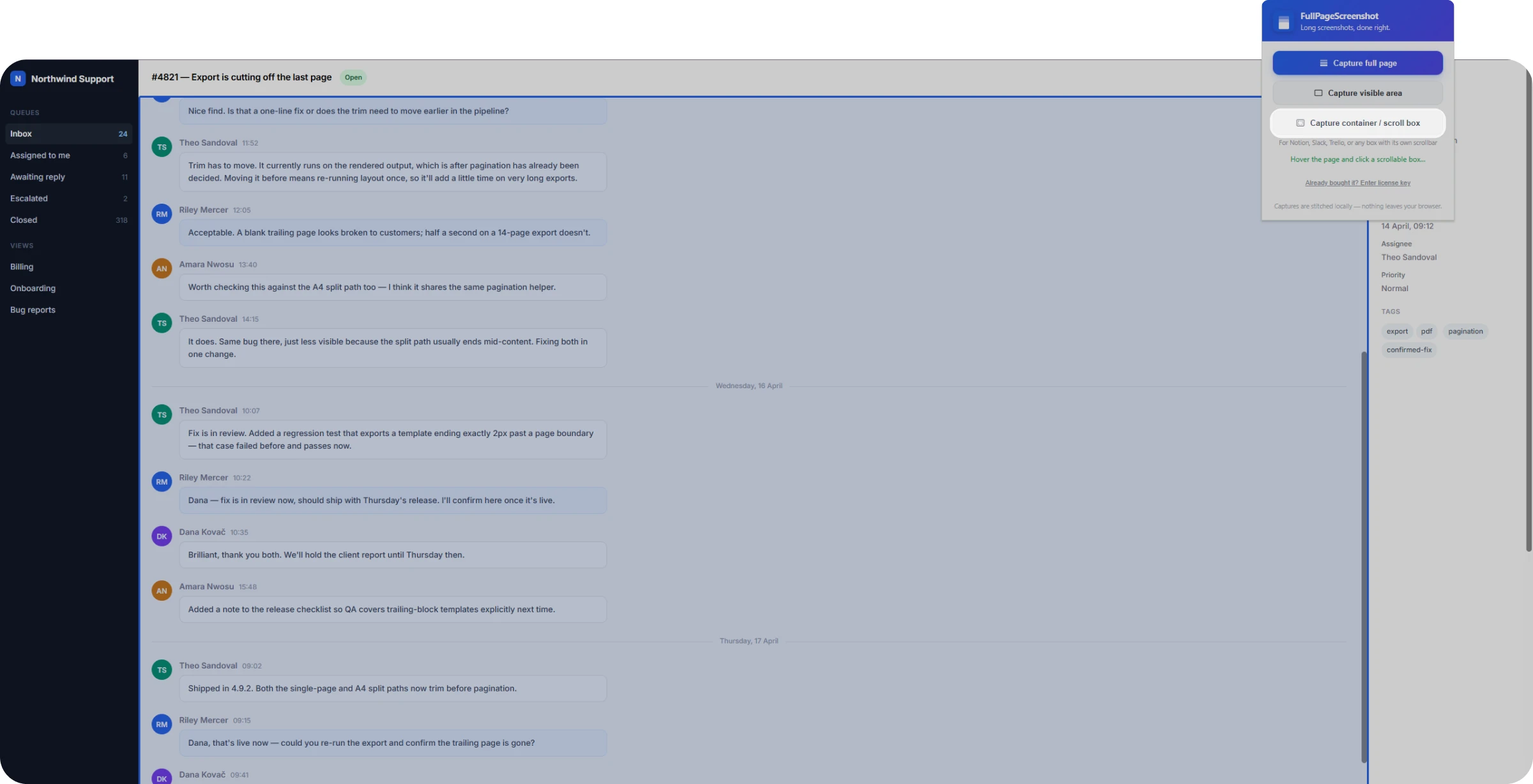 The container picker highlighting a scrollable message panel in blue inside a web app