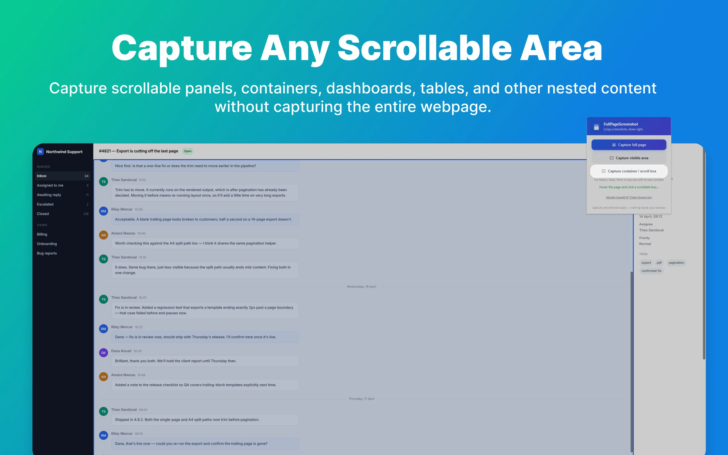 Graphic headed Capture Any Scrollable Area, showing a message panel inside a web app highlighted in blue for capture
