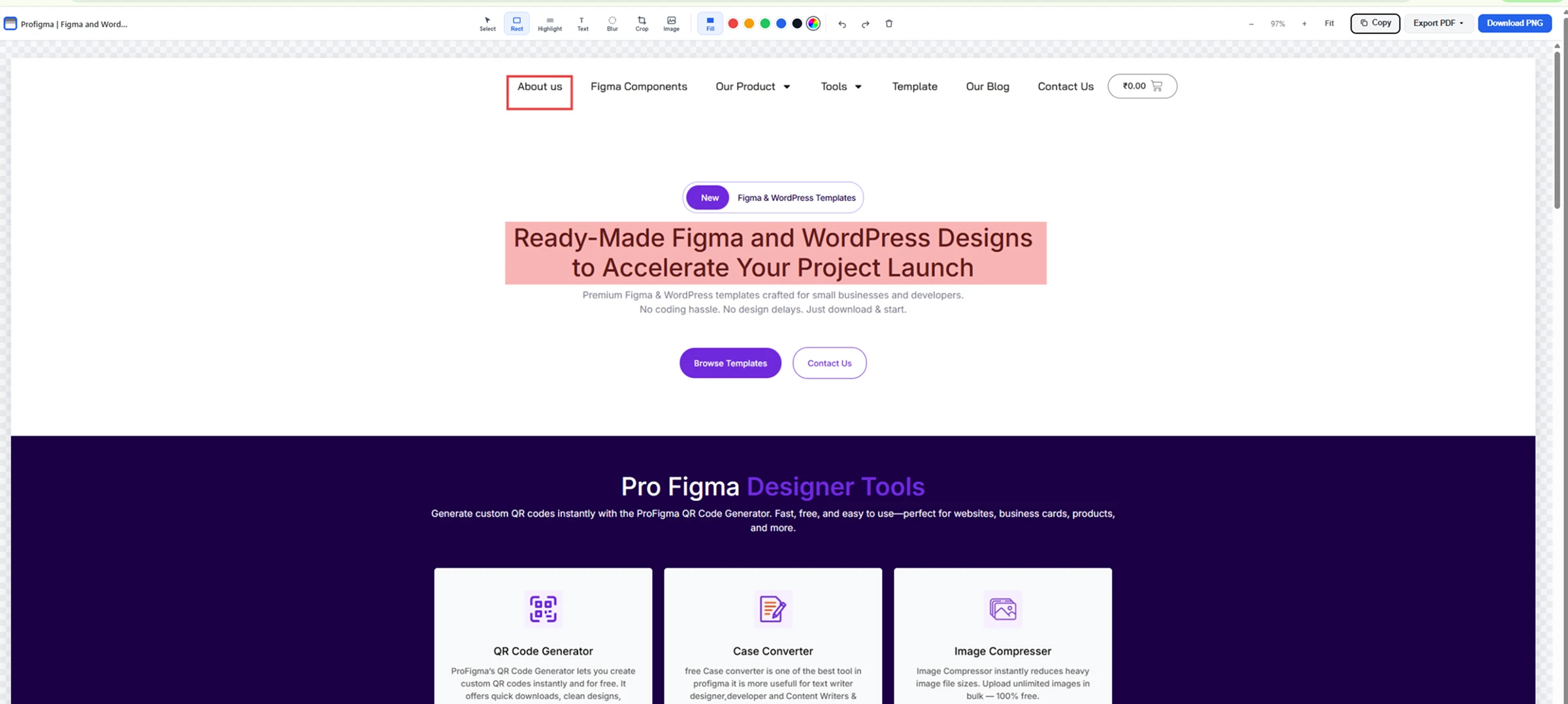 The FullPageScreenshot editor with a rectangle and highlight annotation applied to a captured webpage