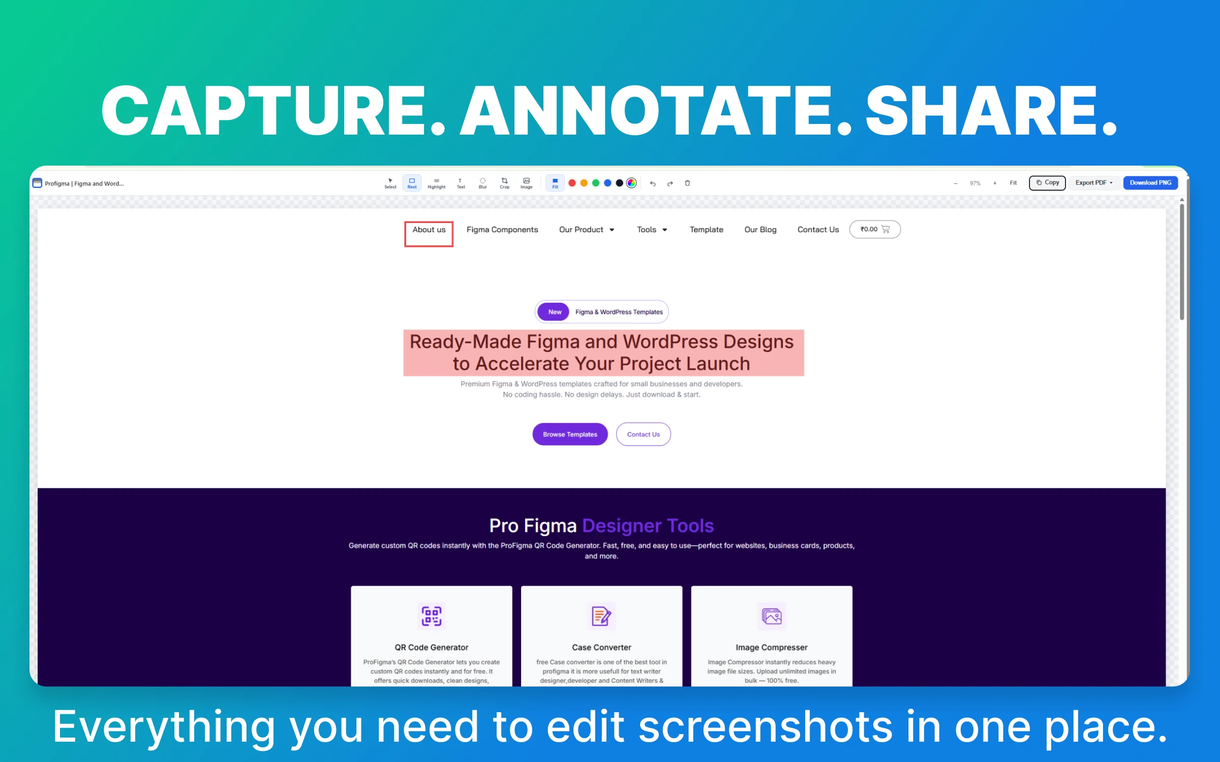 Graphic headed Capture, Annotate, Share, showing the screenshot editor with a rectangle and a highlight placed on a capture