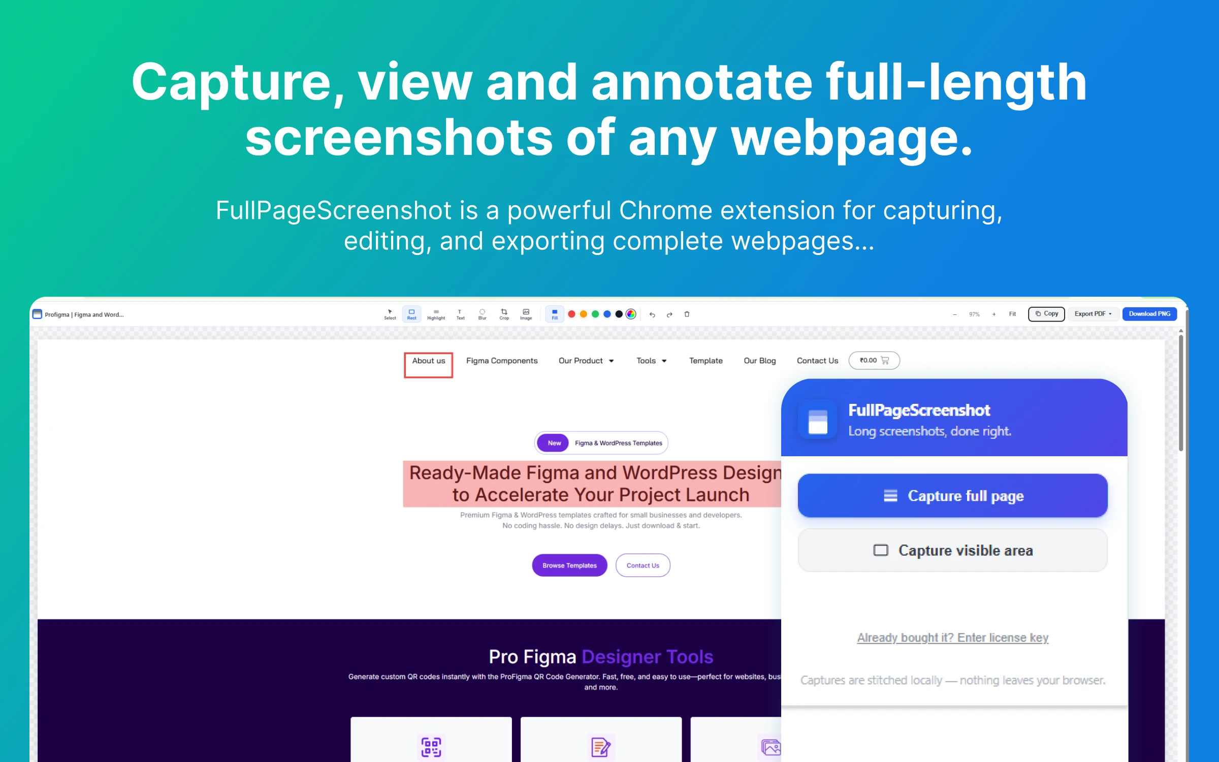 Graphic headed Capture, view and annotate full-length screenshots of any webpage, showing the extension popup open over a live page