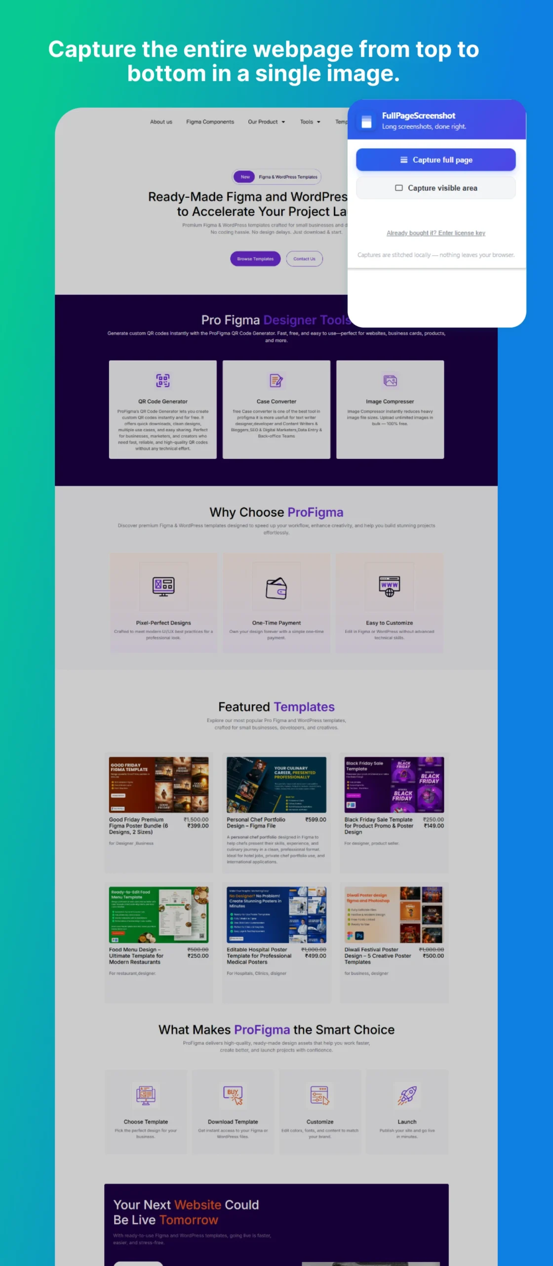 Graphic headed Capture the entire webpage from top to bottom in a single image, showing a full length webpage capture
