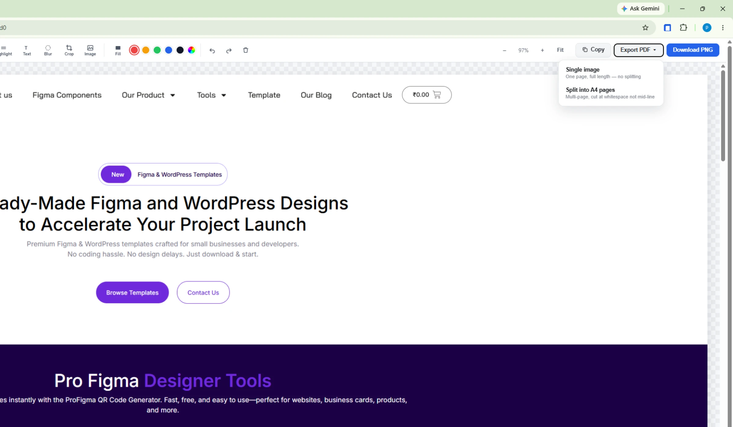 Exporting a long screenshot as a single page PDF or split into multi-page A4 pages