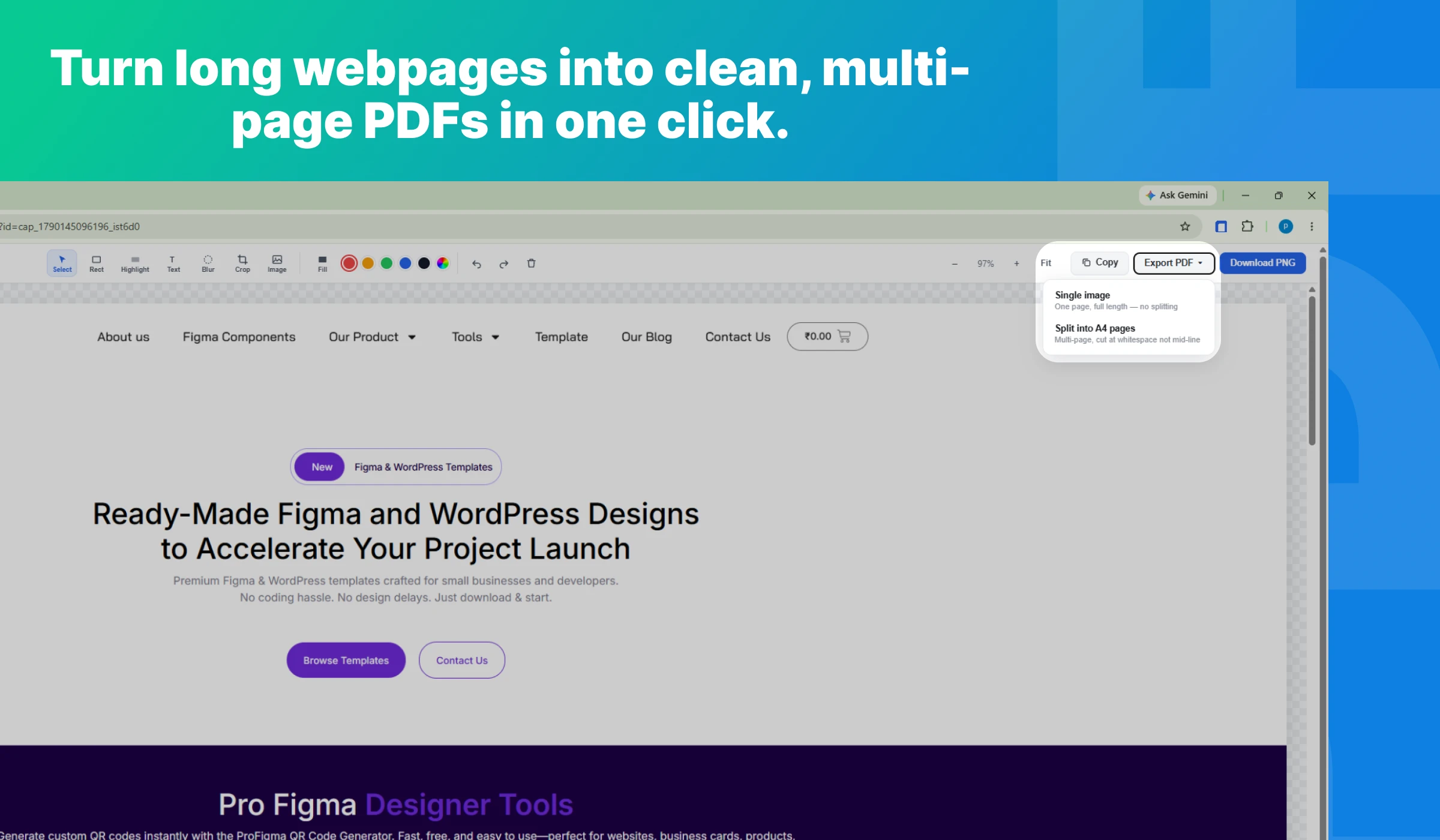 Graphic headed Turn long webpages into clean, multi-page PDFs in one click, showing the export menu open