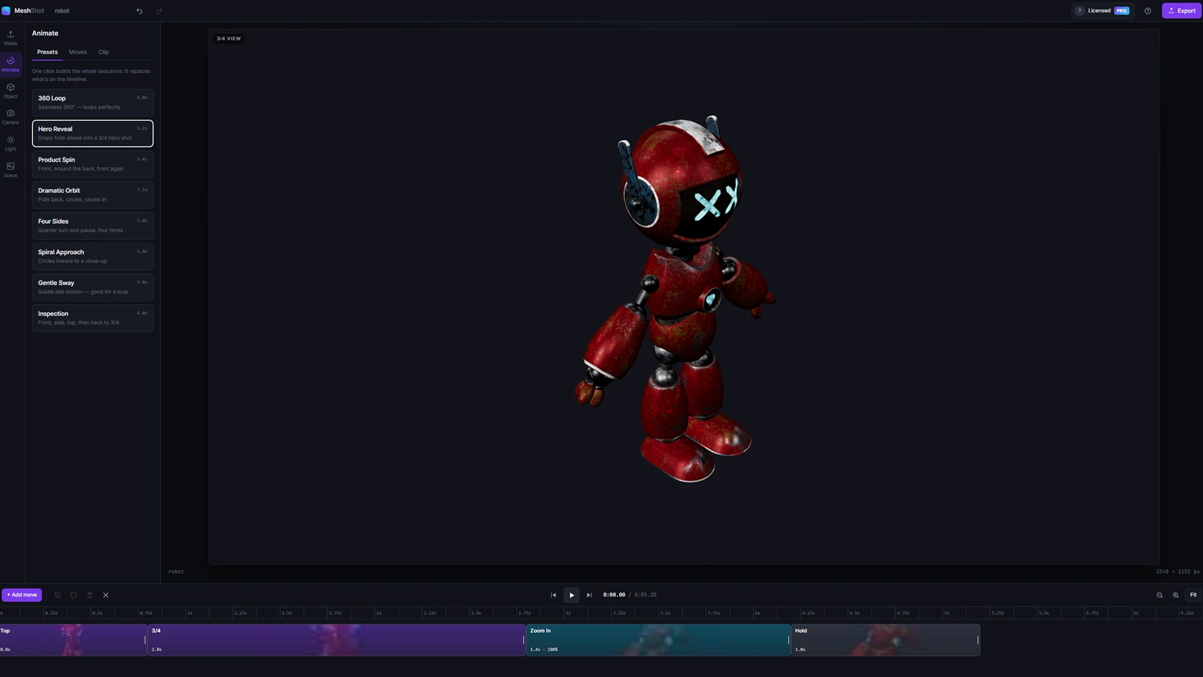 MeshShot 3D product animation editor with animated 3D robot